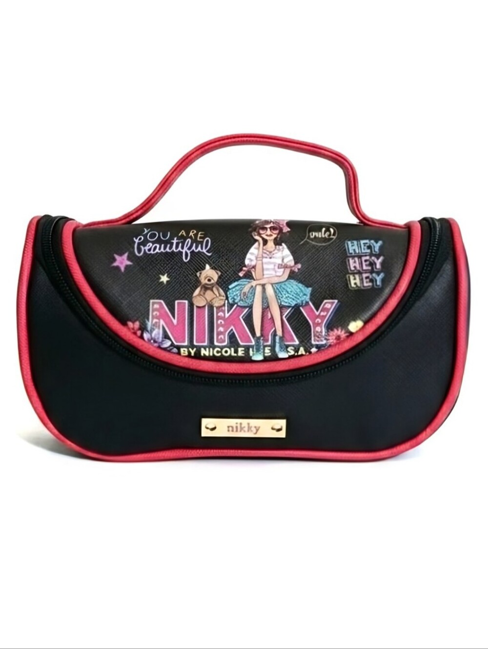 Nikky by Nicole Lee "Eye-Contact" Cosmetic Makeup Brush Bag Case Black Pink